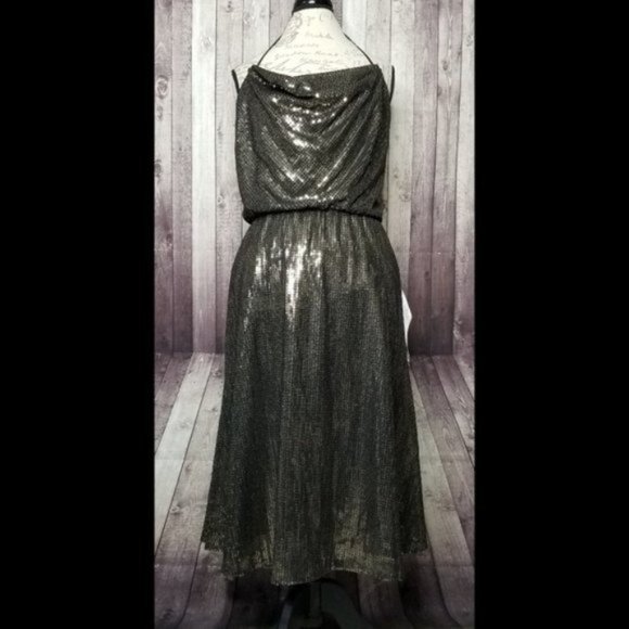 Dress the Population black & gold Zherra Sequin Midi Dress NEW - Picture 4 of 11